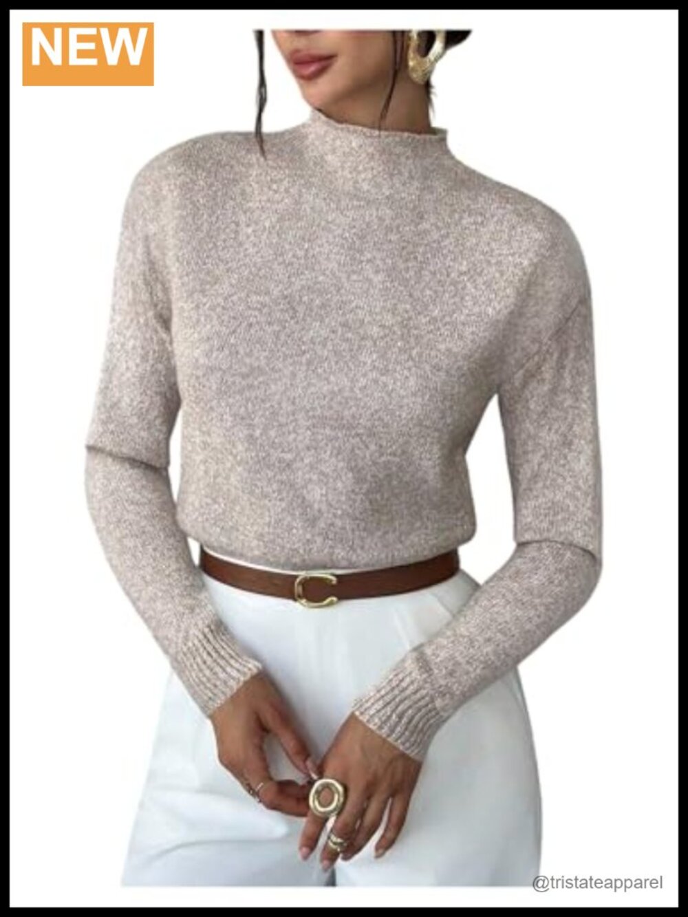 Womens Mock Neck Knit Sweater Lightweight Ribbed Pullover Long Sleeve Drop
